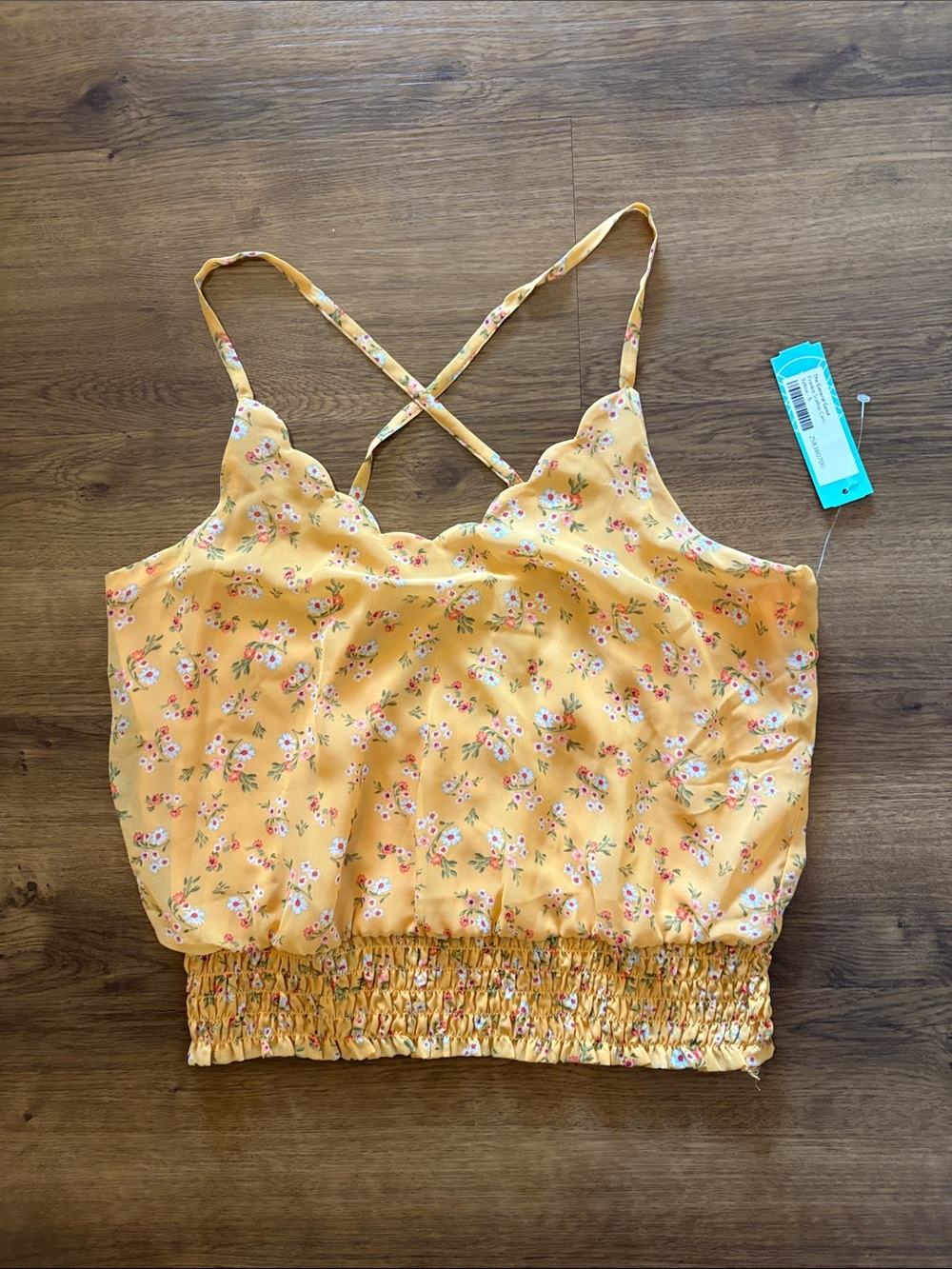 Yellow Floral Scallop-Edge Smocked Cami Top